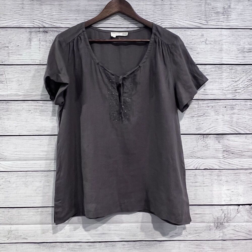 Eileen Fisher Petite Large 100% Irish Linen Top Grey Embellished Tie V Neck